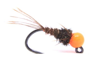 Pheasant tail with a hot orange tungsten bead on a jig hook